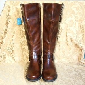 YUU kneehigh Women's,zippered riding boots,dark brown vegan leather.
